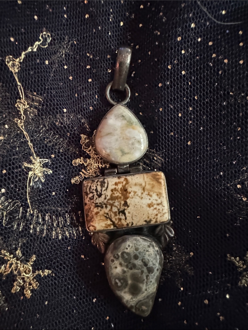 Natural Stone Pendant Necklace in Silver, Cream and Gray - Women Jewelry